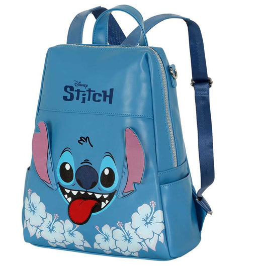 Mochila azul Disney Stitch con lengua roja y flores tropicales - 5