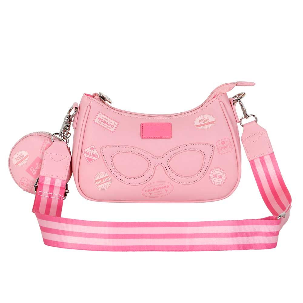 Bolso de hombro Barbie rosa tipo baguette con correa a rayas