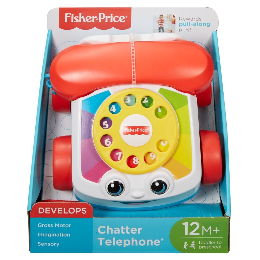 Teléfono de juguete Fisher-Price con cara, disco numerado y auricular rojo