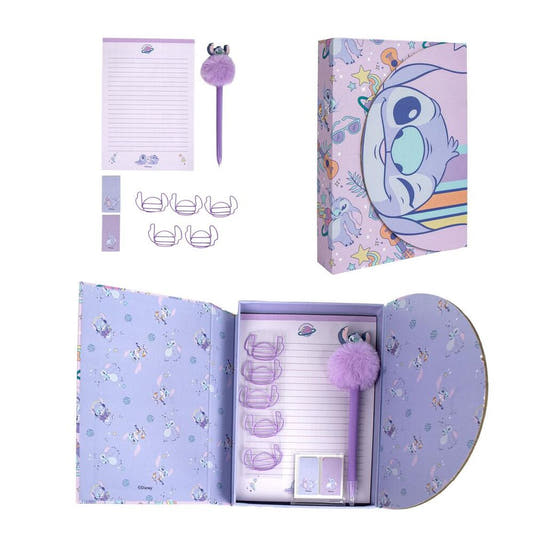 Set de papelería Stitch Disney con bloc, bolígrafo y estuche lila