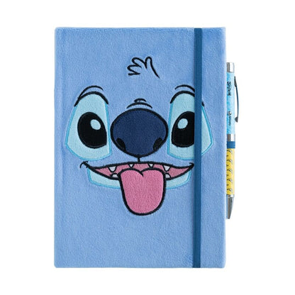 Cuaderno A5 de felpa azul con rostro de Stitch y bolígrafo