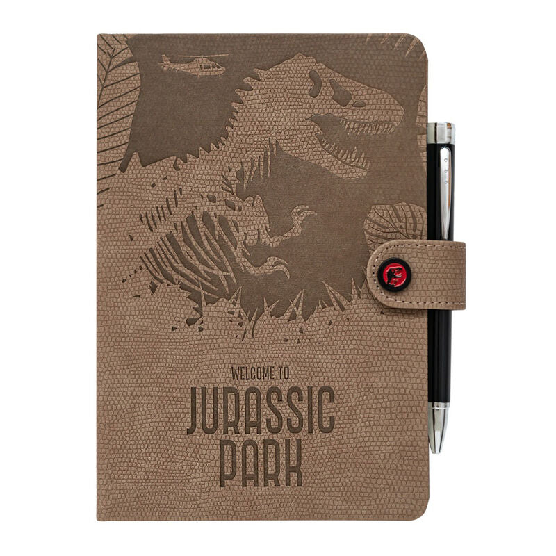 Cuaderno A5 Jurassic Park marrón con dinosaurio y bolígrafo-linterna