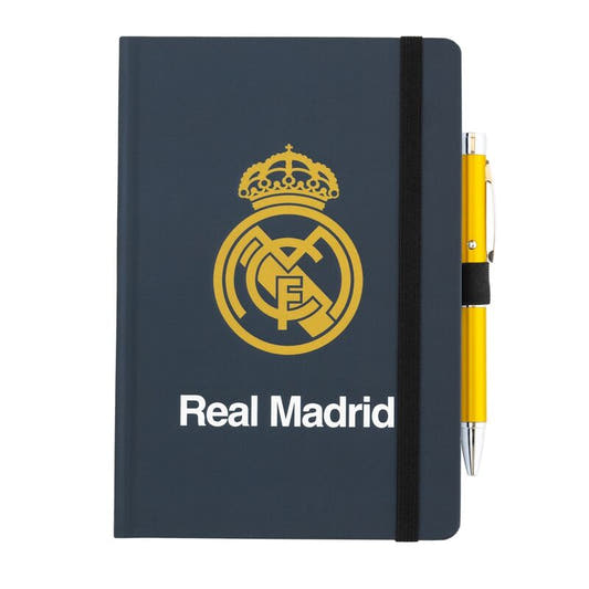 Cuaderno A5 Real Madrid azul marino con bolígrafo amarillo