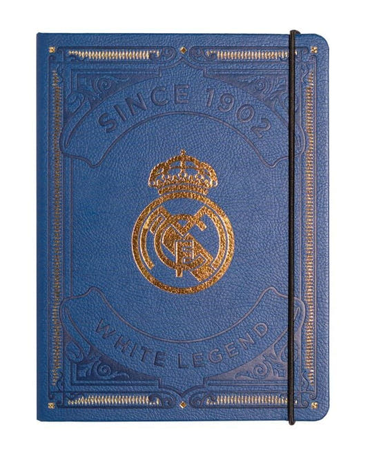 Cuaderno A5 azul del Real Madrid con tapa dura y escudo dorado