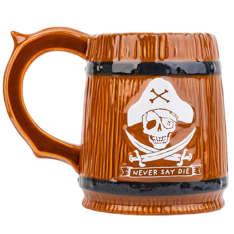 Jarra de gres de The Goonies con calavera y lema Never Say Die