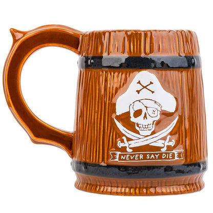 Jarra de gres de The Goonies con calavera y lema Never Say Die