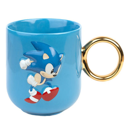Taza 3D azul de Sonic The Hedgehog con asa dorada