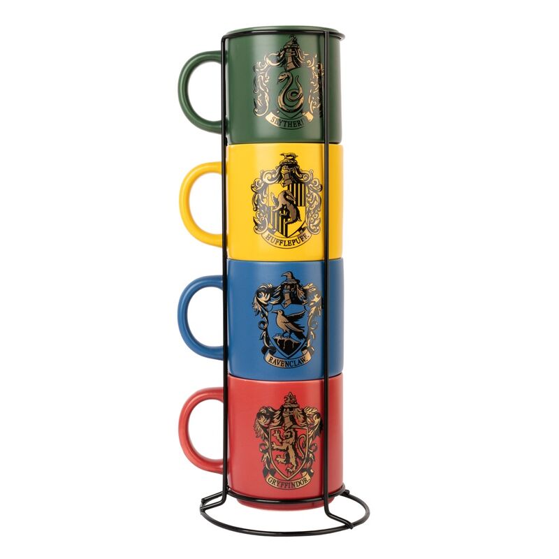 Set de cuatro tazas Harry Potter de colores con escudos de Hogwarts