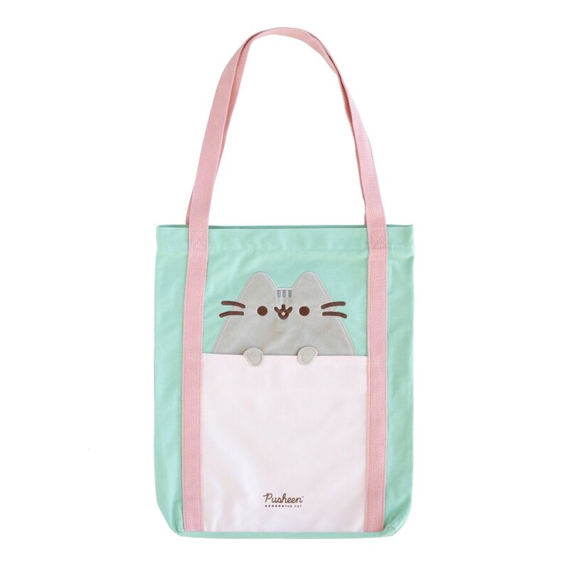 Bolsa shopping Pusheen verde menta con asas rosas y bolsillo exterior
