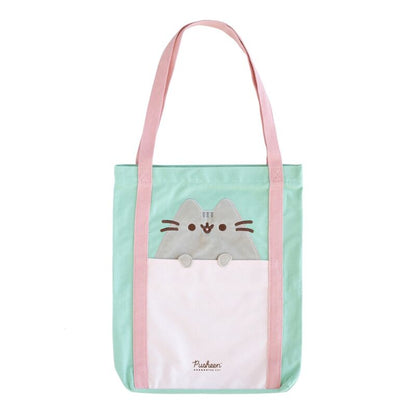 Bolsa shopping Pusheen verde menta con asas rosas y bolsillo exterior