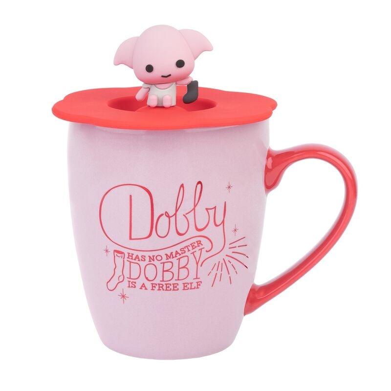 Taza rosa de cerámica de Dobby Harry Potter con tapa roja y figura 3D