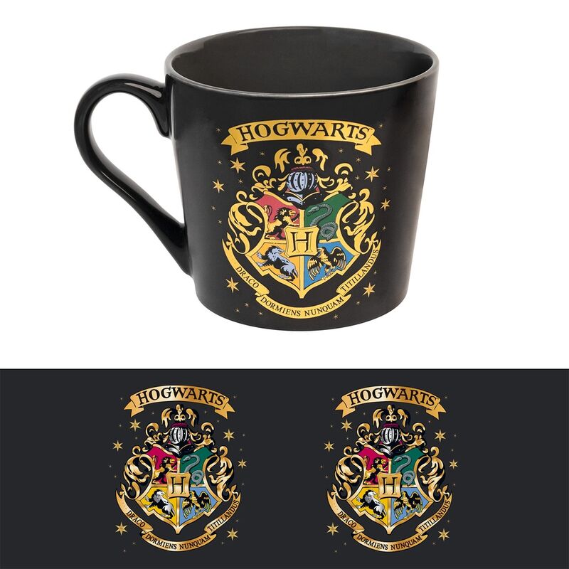 Taza negra de Harry Potter con escudo de Hogwarts