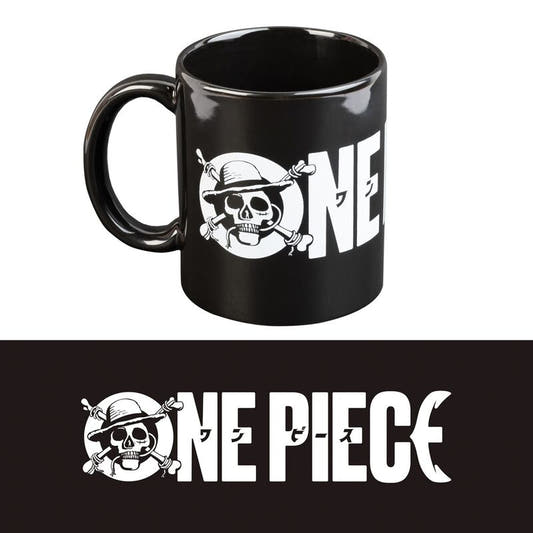Taza negra de cerámica One Piece con logotipo blanco