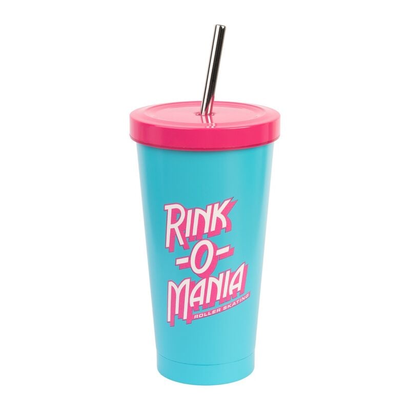 Vaso Rink-O-Mania Stranger Things turquesa con tapa fucsia y pajita metálica
