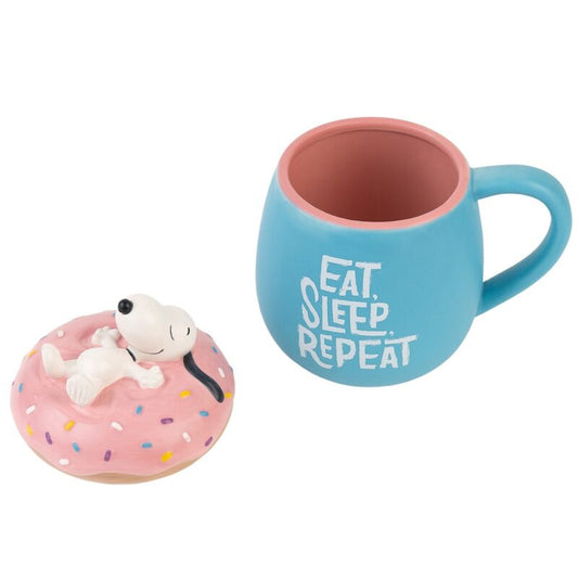 Taza azul 3D de Snoopy con tapa de donut rosa y mensaje Eat Sleep Repeat - 2