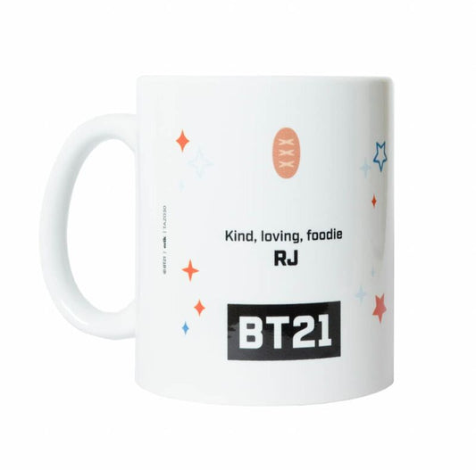 Taza blanca de cerámica RJ BT21 con detalles naranjas - 2