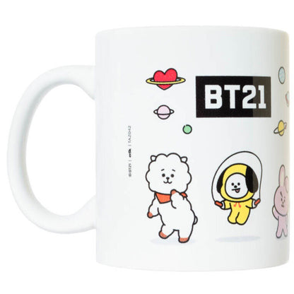 Taza blanca de cerámica BT21 con personajes y motivos espaciales - 2
