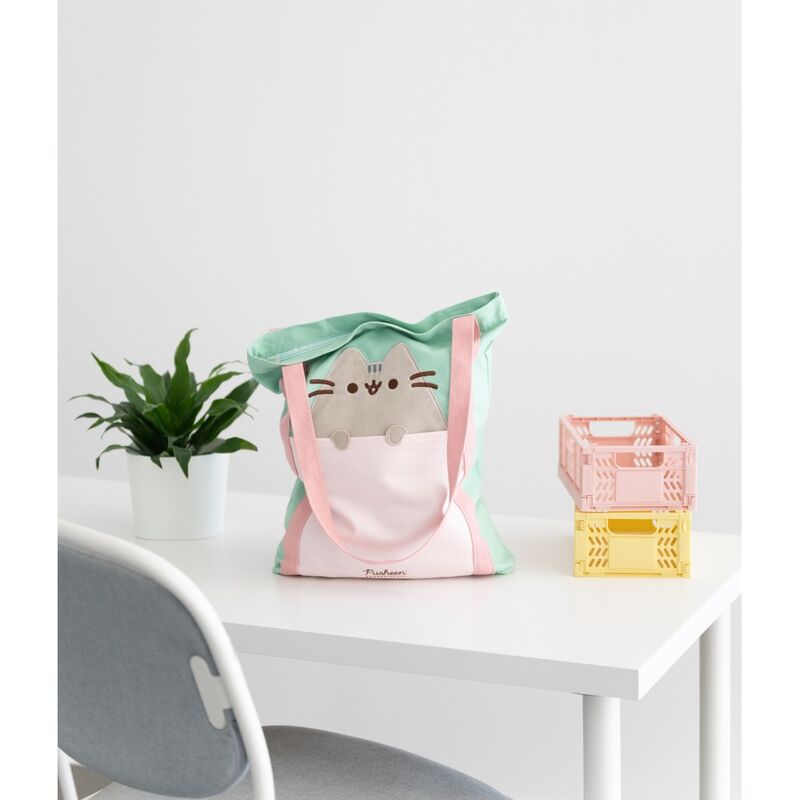 Bolsa shopping Pusheen verde menta con asas rosas y bolsillo exterior - 3