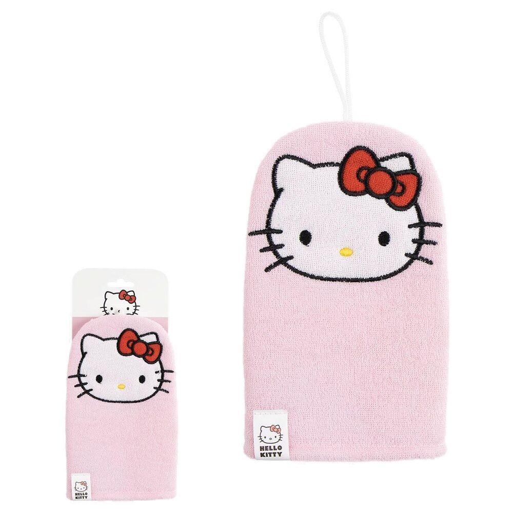 Guante de ducha rosa de Hello Kitty con lazo rojo