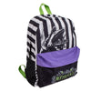 Mochila casual Beetlejuice de CERDÁ con rayas blancas y negras y bolsillo morado