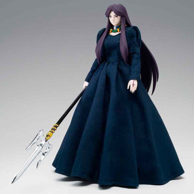 Figura articulada de Pandora de Saint Seiya con vestido azul oscuro y arma plateada