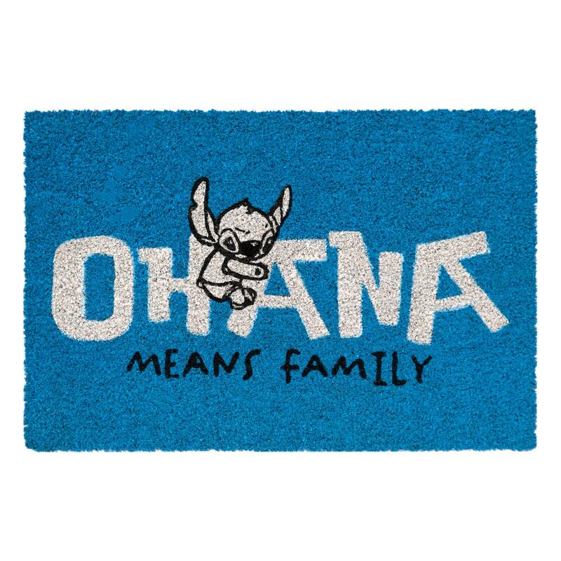 Felpudo azul de Stitch Disney con mensaje Ohana Means Family