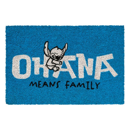 Felpudo azul de Stitch Disney con mensaje Ohana Means Family
