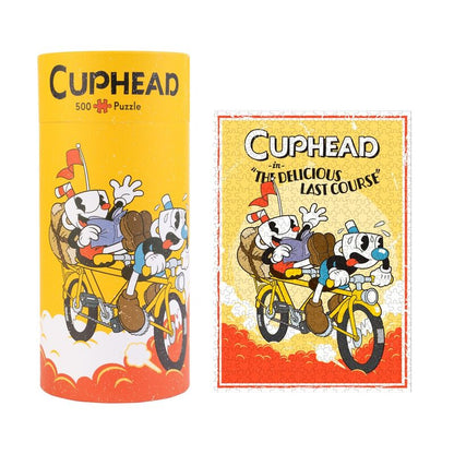 Puzzle Cuphead de 500 piezas con Cuphead y Mugman en una motocicleta