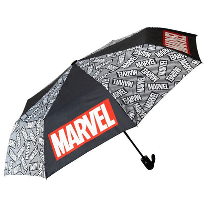 Paraguas plegable automático Marvel negro con logotipos estampados