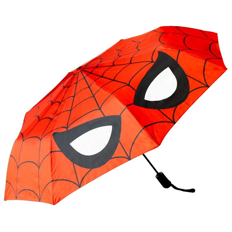 Paraguas plegable automático rojo de Spider-Man con telaraña negra