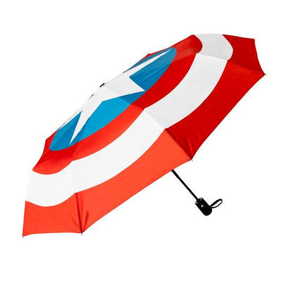 Paraguas plegable automático de Capitán América Marvel con escudo rojo, blanco y azul