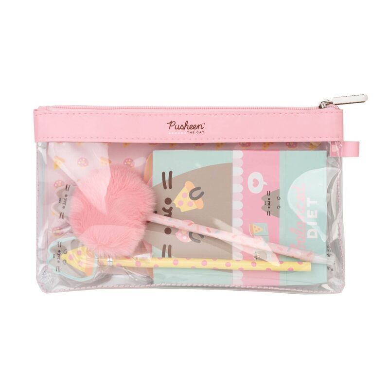 Set de papelería Pusheen Foodie Collection con cuadernos, lápiz, bolígrafo con pompón y portatodo rosa transparente