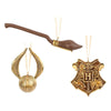 Set de tres adornos navideños Harry Potter con escoba, Snitch dorada y escudo de Hogwarts