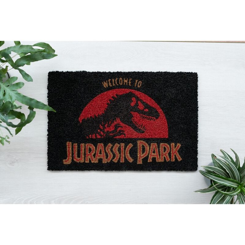 Felpudo negro Jurassic Park con dinosaurio y base roja - 4
