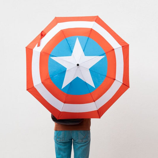 Paraguas plegable automático de Capitán América Marvel con escudo rojo, blanco y azul - 3