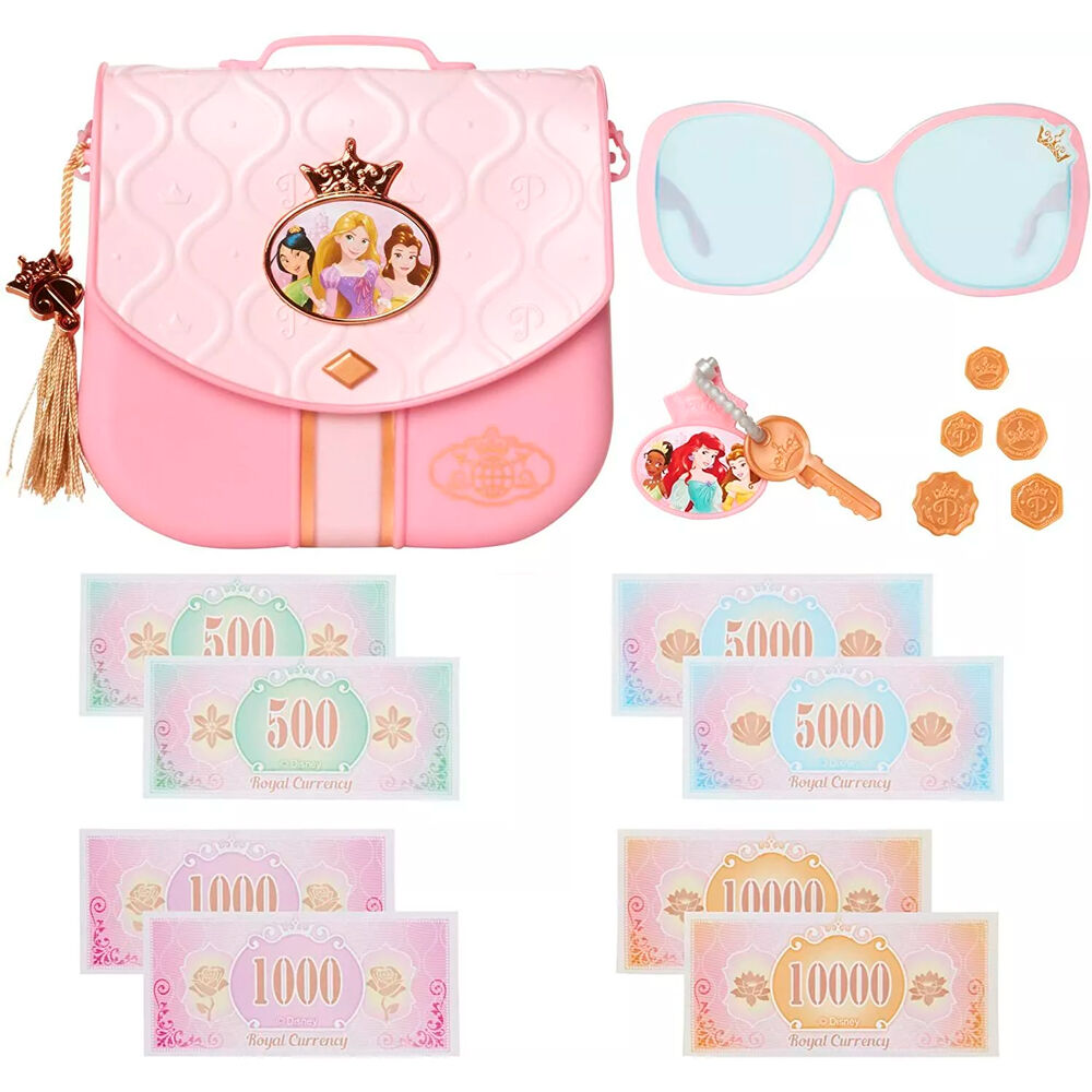 Bolso rosa de viaje de Princesas Disney con gafas, llaves y dinero de juguete - 3