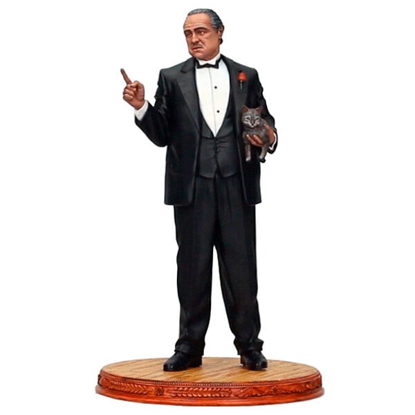 Figura de Vito Corleone de El Padrino con gato sobre base ovalada