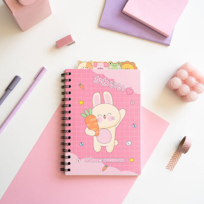 Cuaderno A5 rosa kawaii con espiral y conejo con zanahoria - 4