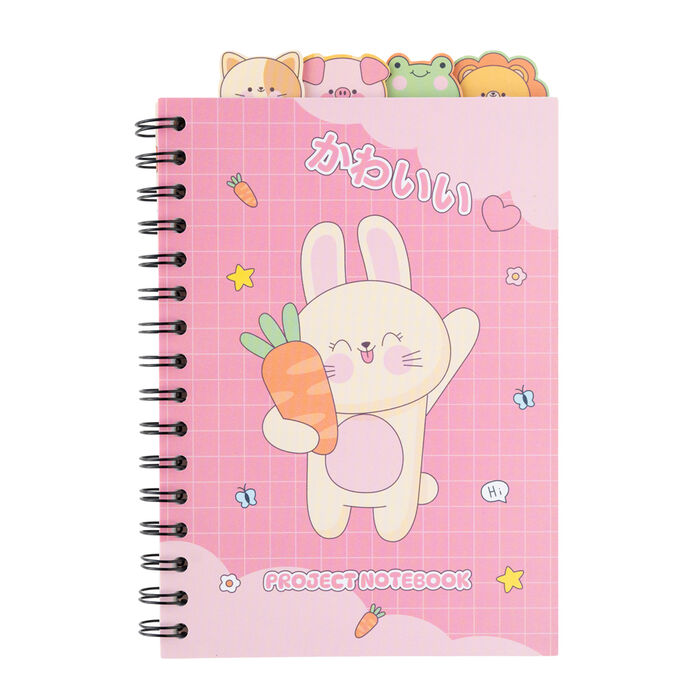 Cuaderno A5 rosa kawaii con espiral y conejo con zanahoria