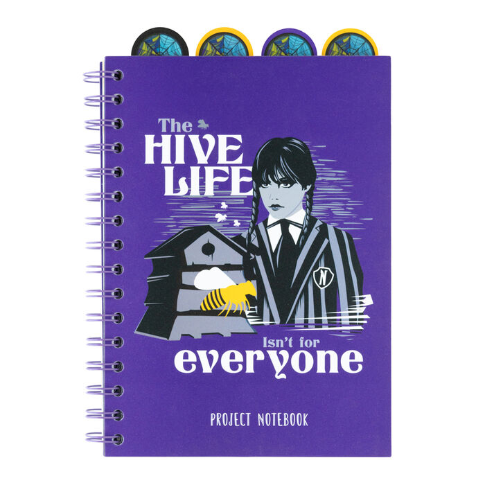 Cuaderno A5 morado de Miércoles con espiral y diseño The Hive Life
