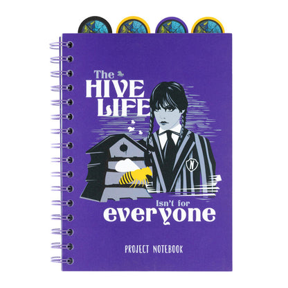 Cuaderno A5 morado de Miércoles con espiral y diseño The Hive Life