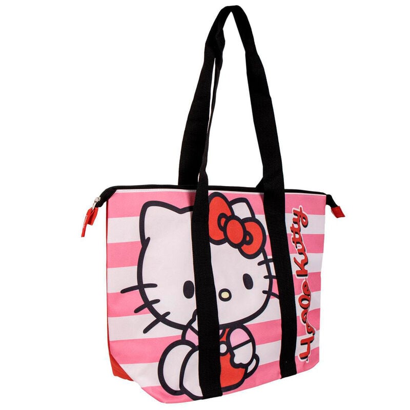 Bolsa de playa rosa y blanca de Hello Kitty con asas negras
