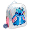 Mochila infantil plateada de Stitch Disney con detalles rosas y pomponcito