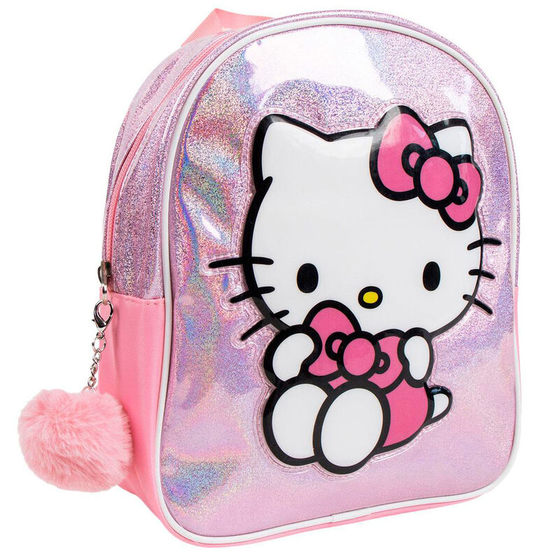 Mochila rosa brillante de Hello Kitty con pompón decorativo