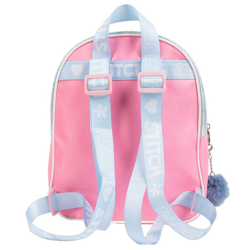 Mochila infantil plateada de Stitch Disney con detalles rosas y pomponcito - 2