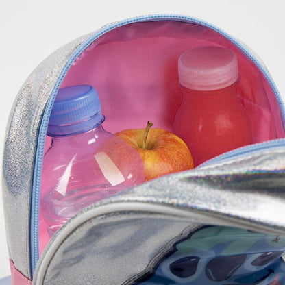 Mochila infantil plateada de Stitch Disney con detalles rosas y pomponcito - 3