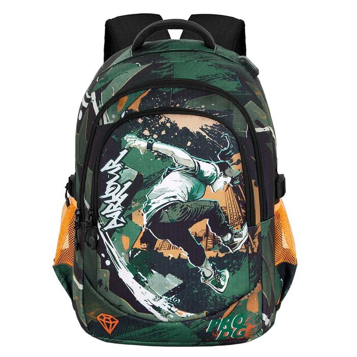 Mochila Running Diamond PRO DG verde y negra con diseño de patinador