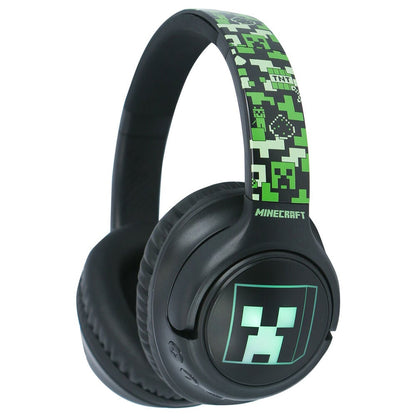 Auriculares inalámbricos Minecraft negros con detalles pixelados verdes y LED