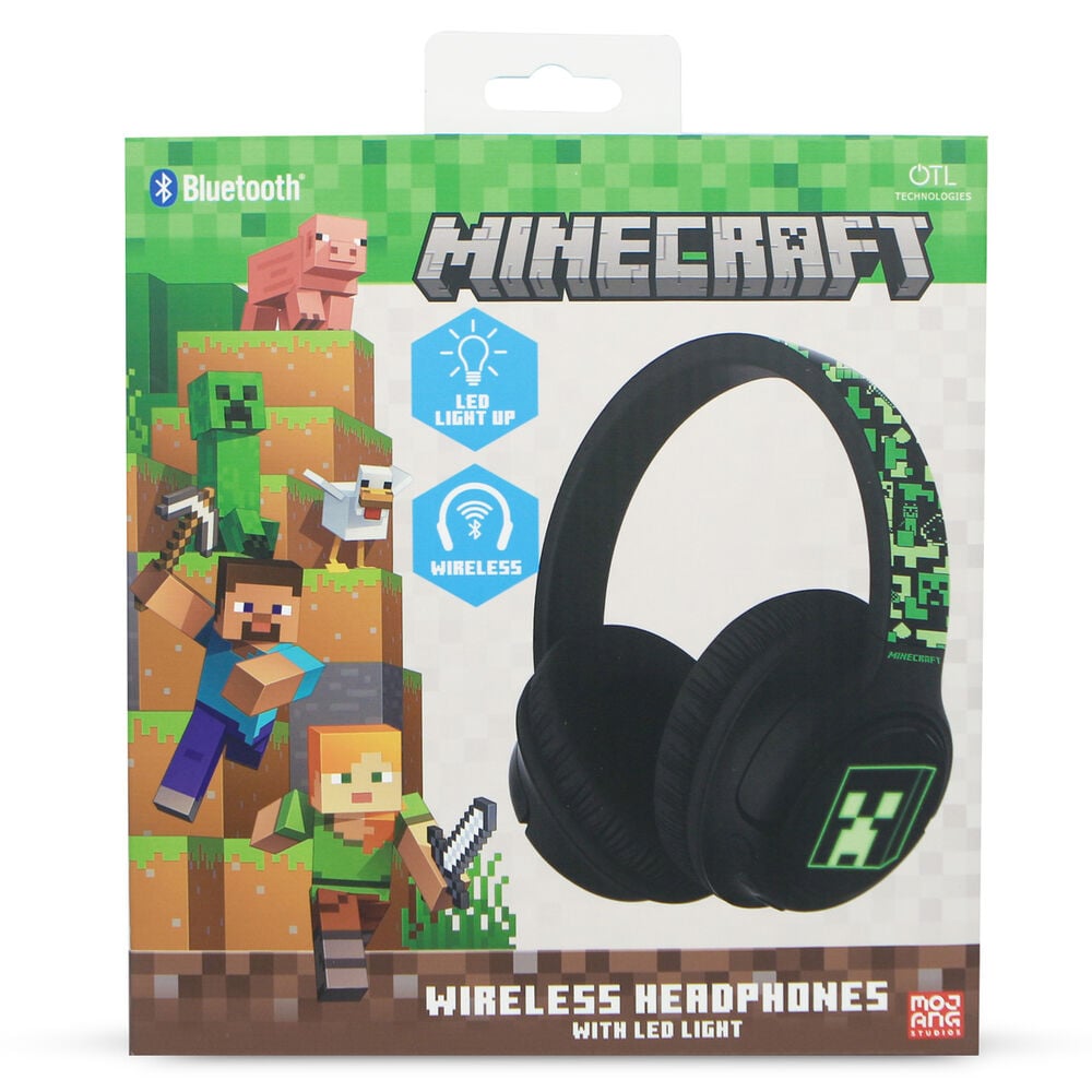Auriculares inalámbricos Minecraft negros con detalles pixelados verdes y LED - 2