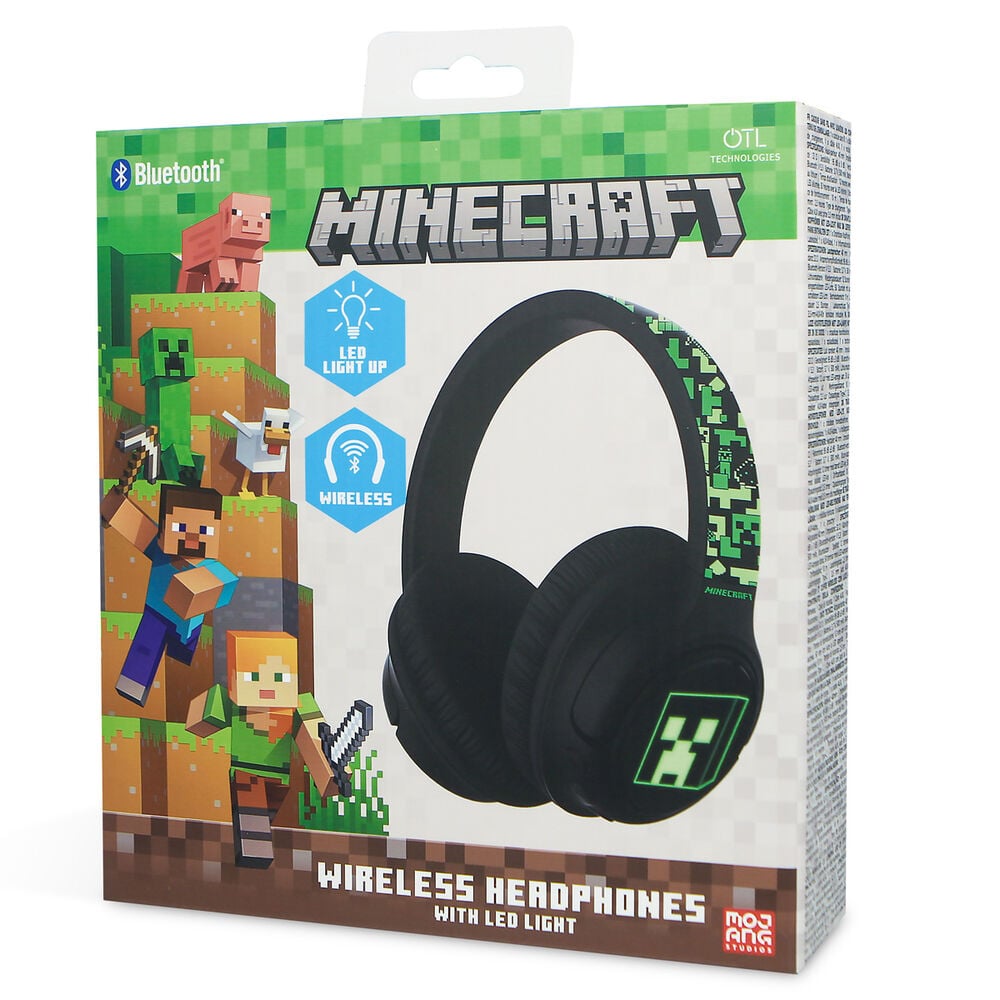 Auriculares inalámbricos Minecraft negros con detalles pixelados verdes y LED - 3